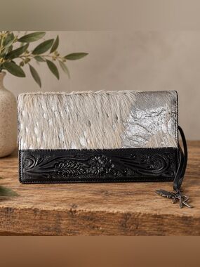 Angel Ranch Women's Wallet Tooled Leather Foil Western Alice Black Clutch 7.5"